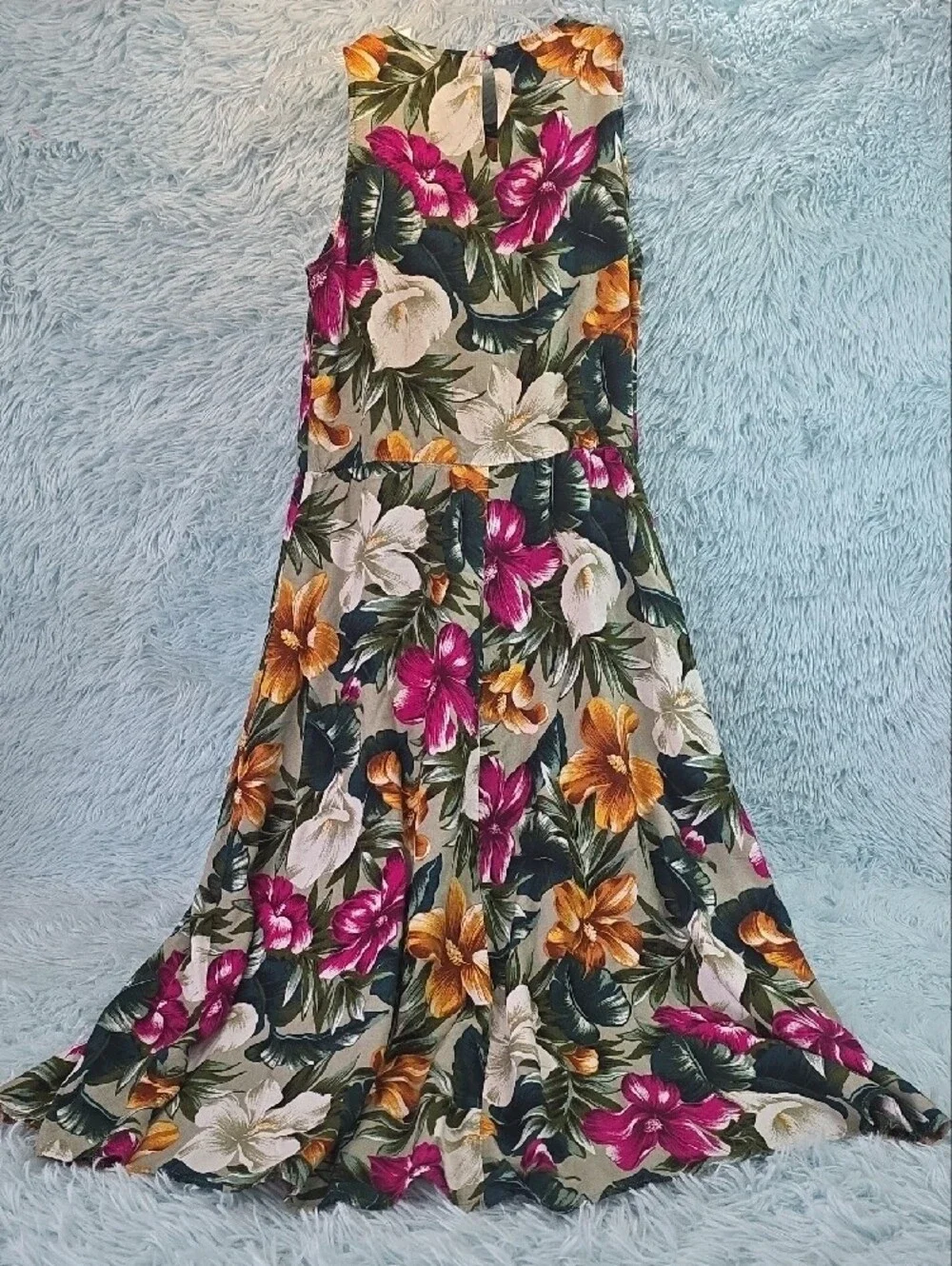 My‎ Michelle Tropical Floral Maxi Dress in Green w/Pink & Yellow Accents No tags
